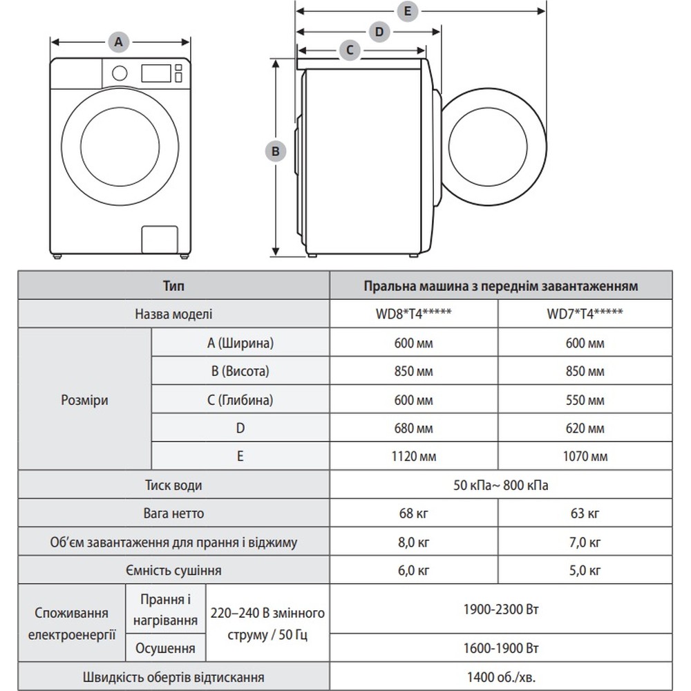 Пральна машина Samsung WD70T4047CE/UA - изображение 9